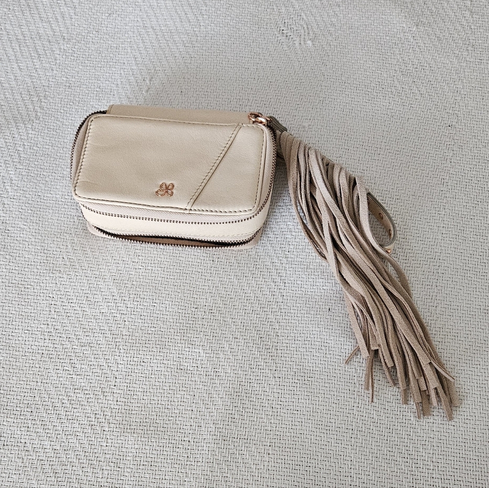 Elegant Cream Leather Wristlet Tassel Bag
